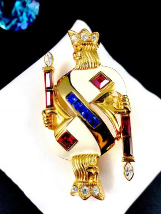 1996 Ltd.  Ed.  Trifari Gold - Tone Ruby Sapphire Rhinestone King Of Diamonds Brooch