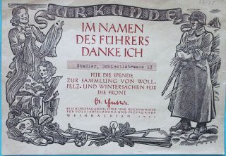 German Reich Certificate For Donation Of Clothes For Soldiers On The Front 1941