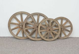 Set Of 4 Vintage Old Wooden Cart Carriage Wagon Wheels Wheel - 45.  5 Cm / 36.  5 Cm