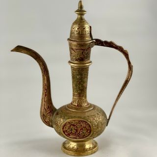 Vintage Solid Brass Teapot Genie Lamp Pitcher Made In India Tall Ornate Etched