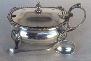 Large Antique Solid Sterling Silver Mustard Pot With Liner & Spoon London 1915.