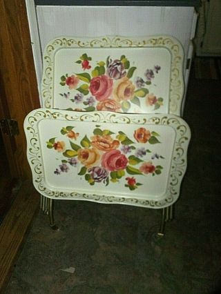 Vtg 4 Metal Tv Trays Tables Rolling Stand Holder Floral Chic Roses Mcm Best Euc