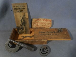 Vintage 13 Brown & Sharpe Micrometer Caliper.  0001 0 - 1 " Wood Box,  Drill Guide
