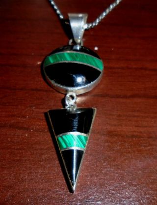 Vintage Taxco Mexico Tm - 85 Sterling Silver Onyx & Malachite Pendant With Chain