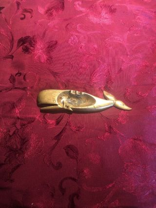 Set Of Vintage Brass Whales Paper Weight 3.  5” & Brass Whale Ash Tray 9”
