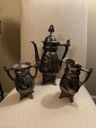 1880s Quadruple Silverplate 3 - Pc Set Footed Coffee Pot Gorgeous Peacock Pattern
