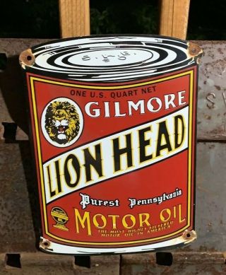 Vintage Gilmore Porcelain Can Sign Gas Station Pump Plate Motor Oil