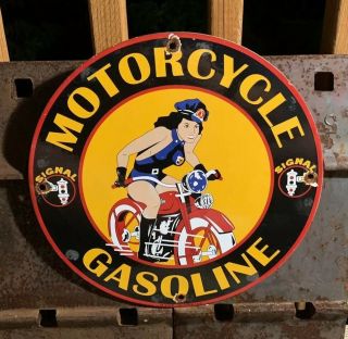 Vintage Signal Gasoline Motorcycle Pinup Girl Porcelain Sign Pump Plate