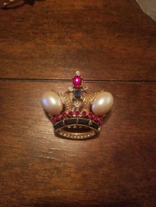 Vintage Trifari Gold Plate Alfred Philippe Cabochon Royal Crown Brooch