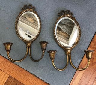 Pair Antique Vintage Brass Framed Beveled Oval Mirror Candle Sconces Wall