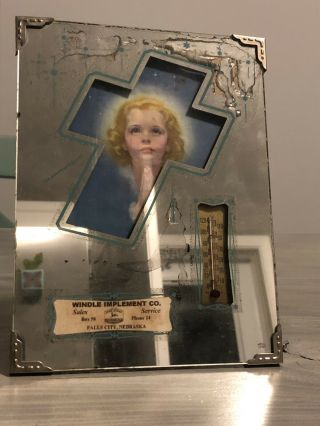 Vintage John Deere Dealer Advertising Mirror Thermometer Girl Praying Cross