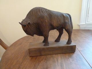 Polish Mid 20th Century Wood Carving Large Figure Of A Bison