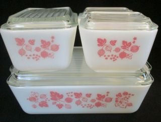Set Of 4 Vintage Pyrex Pink Gooseberry Refrigerator Dishes & Lids 501 502 503