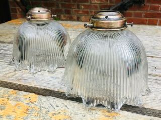 Vintage Art Deco Holophane Style Glass Light Shade Frilled Ribbed Brass