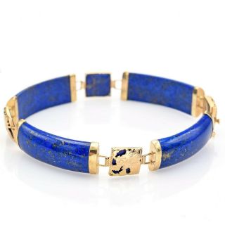 Vintage 14k Yellow Gold Lapis Lazuli Dragon Etched Link Bracelet 14.  9g Size 6.  75
