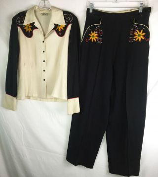 Vintage 50s J Bar Womens Western Snap Shirt Pants Floral Embroidery