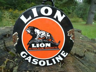 Old Vintage Lion Gasoline Porcelain Gas Pump Door Sign  Petroleum