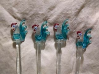 Vintage Hand Blown Glass Swizzle Sticks,  Set Of 4 Blue Roosters
