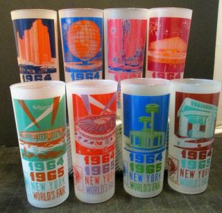 1964 York Worlds Fair Set Of Eight Different Tall Frosted Glasses