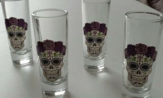 Sugar Skulls Tall Shooters Day Of The Dead 4 Shot Glasses Gift Box Four