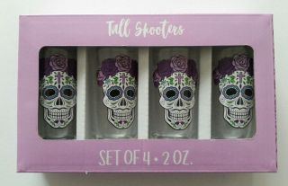 Sugar Skulls Tall Shooters Day of The Dead 4 Shot Glasses Gift Box Four 2