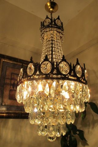 Antique Vintage French Basket Style Crystal Chandelier Lamp Light 1940 