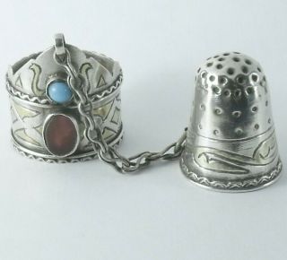 Antique C1900 Solid Silver Thimble & Ring Guard Turkmenistan Gilded With Jewels