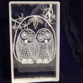 Signed Emile Dekel Etched Lucite Owl Mid Century Modern Sculpture Acrylic Art