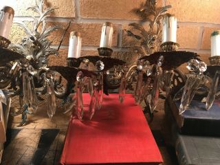 Vintage Brass Crystal Sconce Lamps Spain Hollywood Regency Pair Wall 2