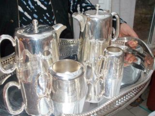1930s Silver Plate Hotel Ware Art Deco Teaset Teapot Water Pot Sugar Milk
