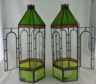 Vintage Stained Glass Lantern Green/clear Pair Garden/porch Decor House