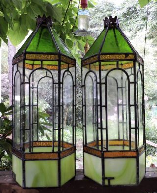 VINTAGE STAINED GLASS LANTERN GREEN/CLEAR PAIR GARDEN/PORCH DECOR HOUSE 2