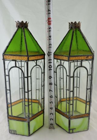VINTAGE STAINED GLASS LANTERN GREEN/CLEAR PAIR GARDEN/PORCH DECOR HOUSE 3