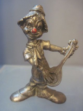 Minature Pewter Clown With Red Nose And Banjo Figure