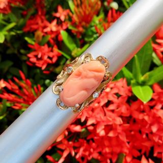 Vintage From Year 1919 Solid 10k Rose Gold Diamond Pink Coral Cameo Ring Size 4