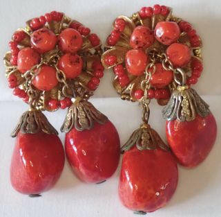 Vintage Miriam Haskell Gold Gilt Brass Red Coral Art Glass Bead Flower Earrings