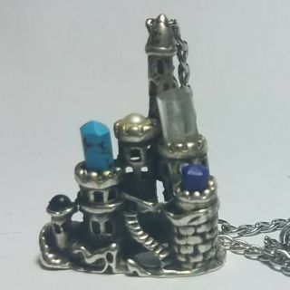 Silver Fantasy Castle Crystals Turquoise Pendant With Chain,  Can Be Displaed Too