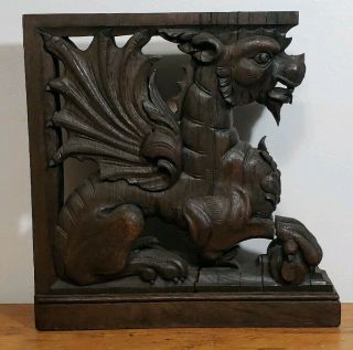 Antique 19th C.  French Carved Wood Griffin Corbel Gothic Winged Lion Dragon