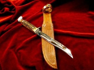 " Rare " 1940 - 65 Case Xx Amber Burnt Bone Split Stag Hunting Knife /sheath Vintage