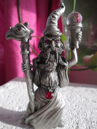 Pewter Wizard Spoontiques With Crystal Ball And Dragon Ruby Red Eyes Figurine