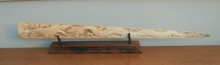 Huge Hand Carved Swordfish Rostrum Bone Bill Chinese Dragon Upon Wooden Stand