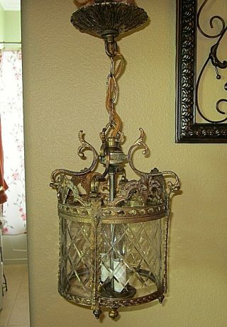 Antique Etched Glass & Brass Hanging Foyer 2 Light Lantern Pendant