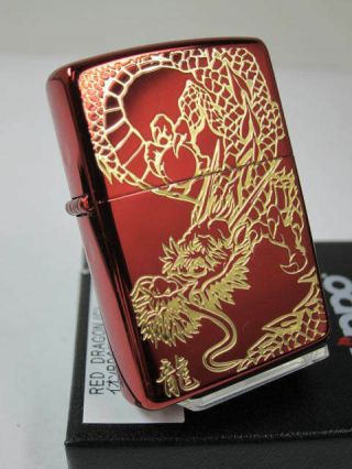 Zippo Oil Lighter Red Dragon Ryu Ion Coated Gold Plate Brass Etching Japan F/s