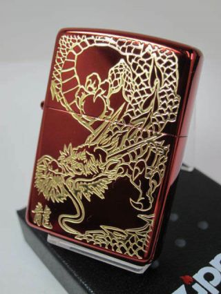 Zippo Oil Lighter Red Dragon Ryu Ion Coated Gold Plate Brass Etching Japan F/S 2
