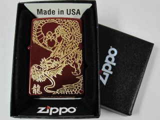 Zippo Oil Lighter Red Dragon Ryu Ion Coated Gold Plate Brass Etching Japan F/S 3