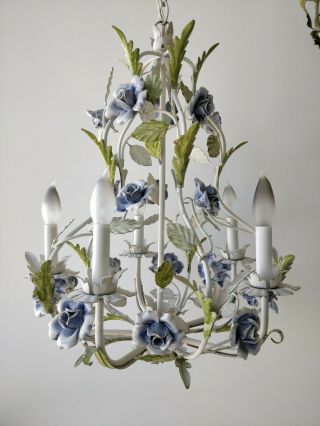 Vintage French Tole Pastel Blue Porcelain Roses Chandelier