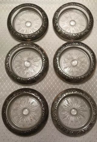 6 Botticelli Frank M Whiting Sterling Silver Glass Coasters Floral Repouse