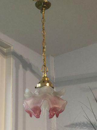 French Vintage Sweet Pate De Verre Glass Flower Shade Pendant Chandelier Light.