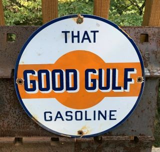 Vintage Good Gulf Gasoline Porcelain Sign,  Gas Station,  Pump Plate,  Oil