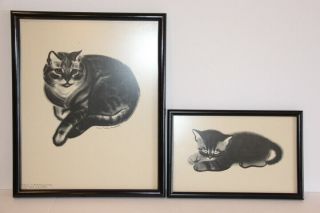2 Clare Turlay Newberry Cat Crayon And Pastel Framed Pictures